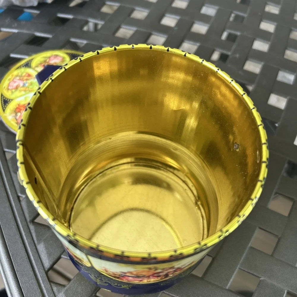 Vintage Victorian Navy Floral Biscuit‎ Tin With Handle Couple